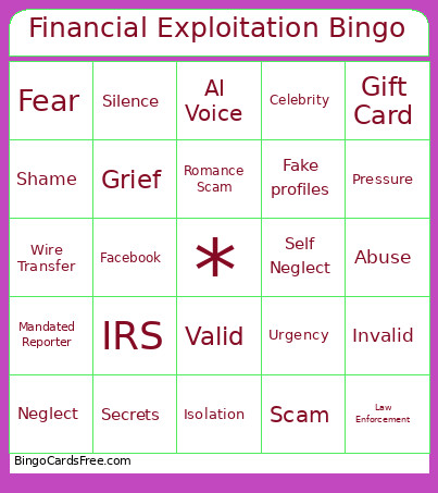 Financial Exploitation Bingo Card