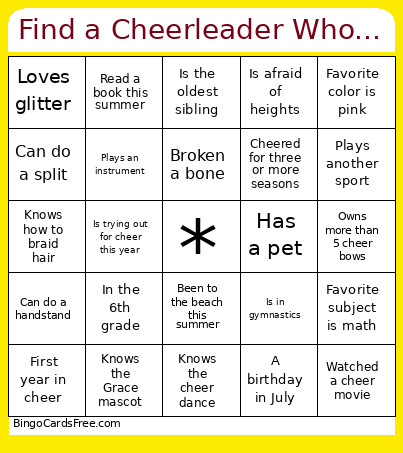 Find A Cheerleader Who... Bingo Card