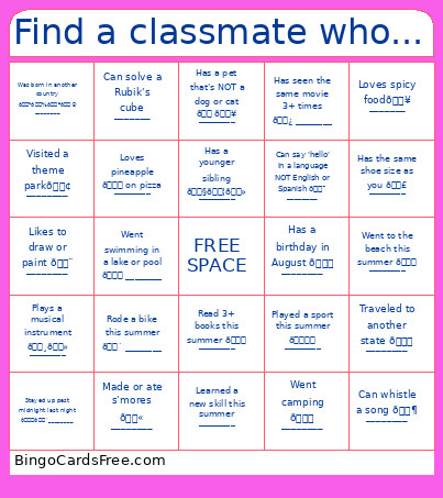 Find A Classmate Who... Bingo Card