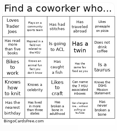 Find A Coworker Who... Bingo Card