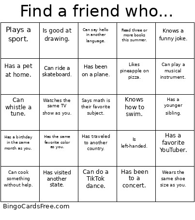 Find A Friend Who... Bingo Card