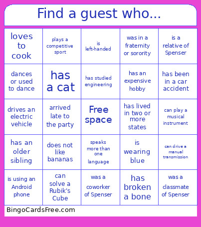 Find A Guest Who... Bingo Card