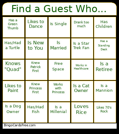 Find A Guest Who... Bingo Card