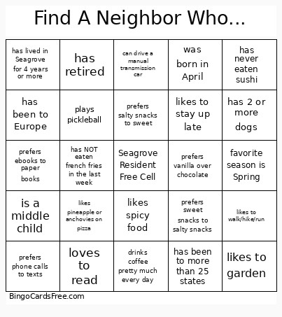 Find A Neighbor Who... Bingo Card