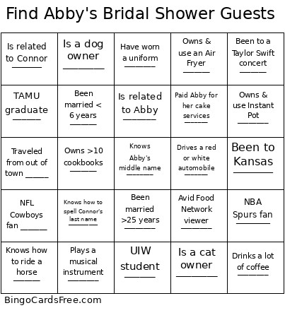 Find Abby's Bridal Shower Guests Bingo Card