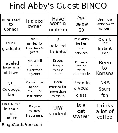 Find Abby's Guest Bingo Card