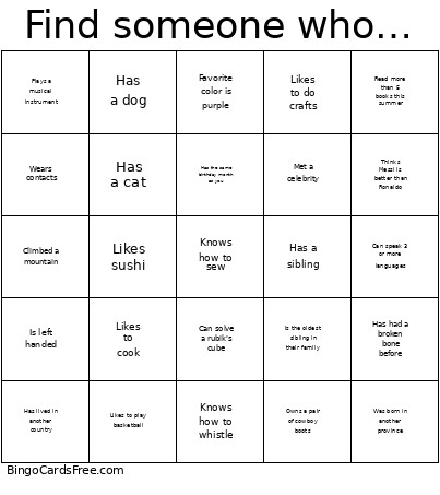 Find Someone - Grade 8 English Bingo Card
