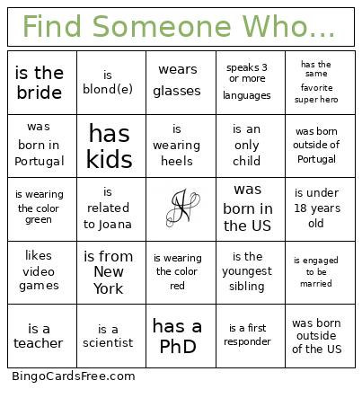 J+N wedding Bingo Cards Free Pdf Printable Game, Title: Find Someone Who...