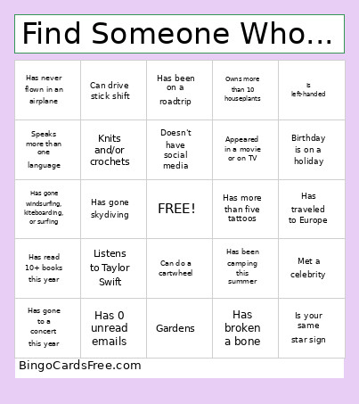 Find Someone Who.... Bingo Card