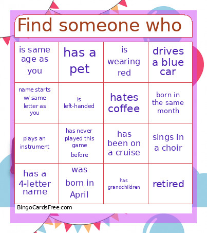 Find Someone Who Bingo Card 2