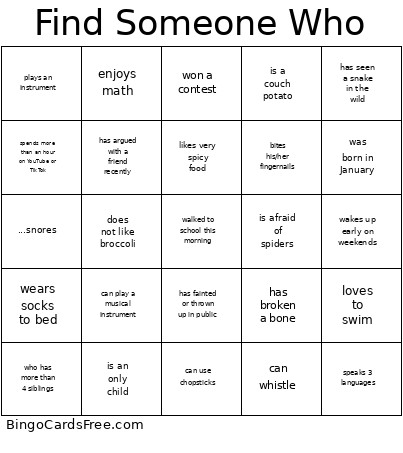 Find Someone Who Bingo Card