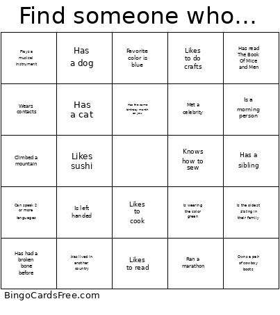 Find Someone Who..... Bingo Card