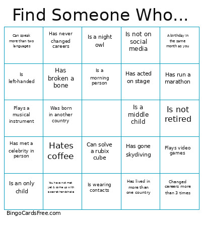 Find Someone Who..... Bingo Card