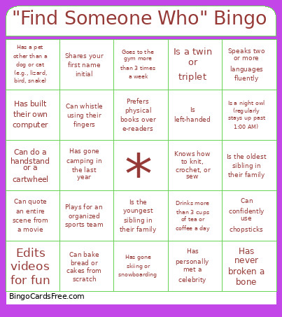 Find Someone Who Bingo Card