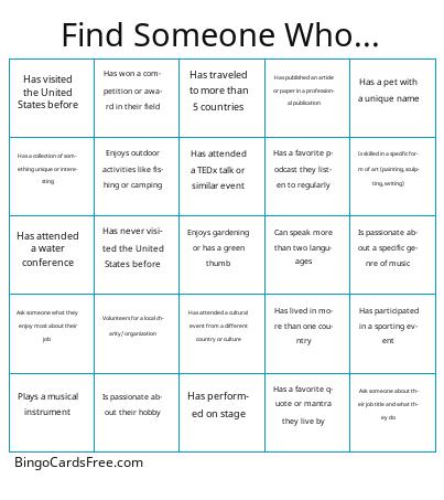 Find Someone Who...Ice-breaker Bingo Cards Free Pdf Printable Game, Title: Find Someone Who...