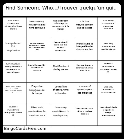 Find Someone Who.../Trouver Quelqu'un Qui.. Bingo Card