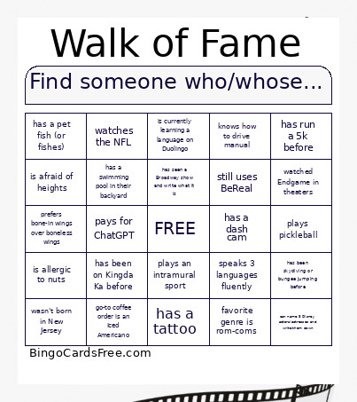 Find Someone Who/whose... Bingo Card