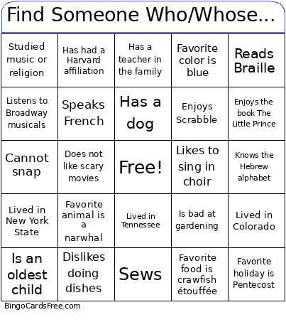 Find Someone Who/Whose... Bingo Card