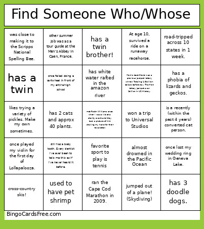 Find Someone Who/Whose Bingo Card