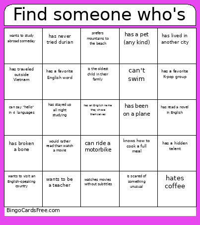 Find Someone Who's Bingo Card