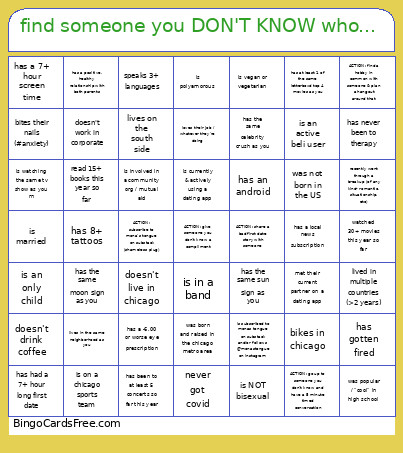 Find Someone You DON'T KNOW Who... Bingo Card