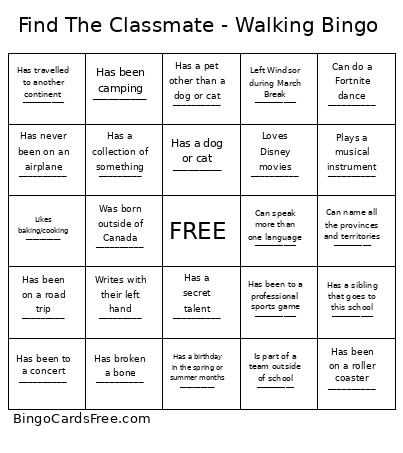 Find The Classmate - Walking Bingo Card