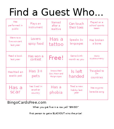 Find The Guest Bingo Card