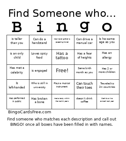 Find The Guest Bingo Card