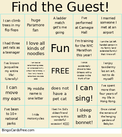 Find The Guest Bingo Card