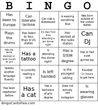 Find The Guest Bingo Card