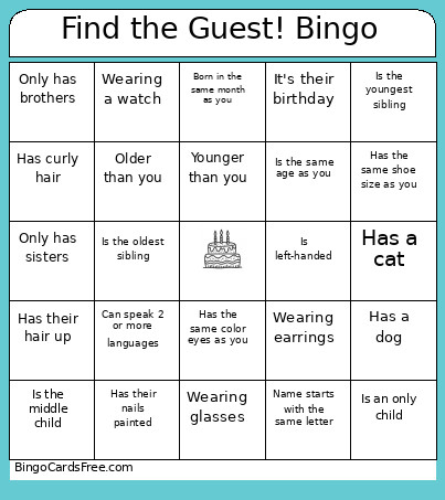 Find The Guest! Bingo Card
