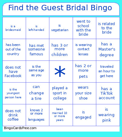 Find The Guest Bridal Bingo Card