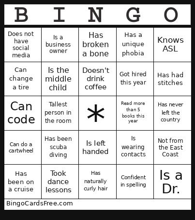 Find The Person Bingo Card