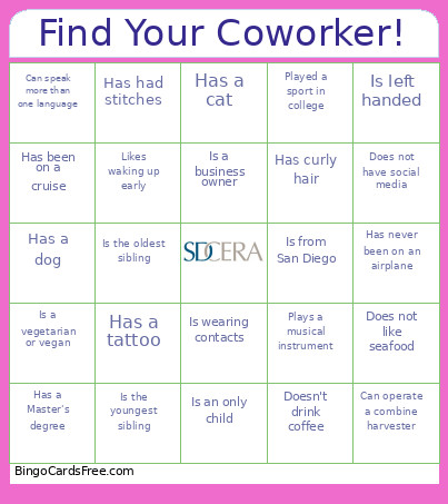 Find Your Coworker! Bingo Card