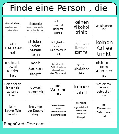 Finde Eine Person , Die Bingo Card