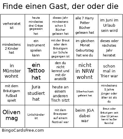 Finde Einen Gast, Der Oder Die Bingo Card