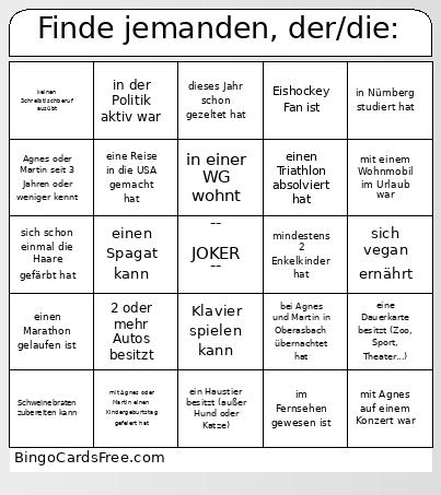 Finde jemanden, der/die: Bingo
