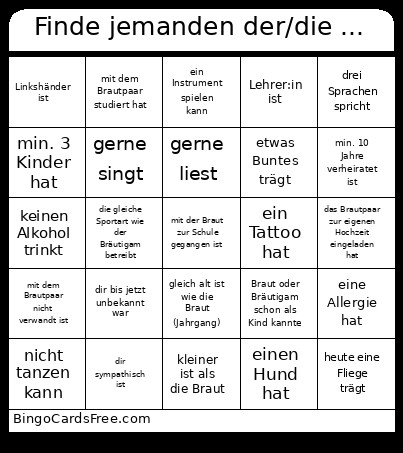 Finde Jemanden Der/die ... Bingo Card