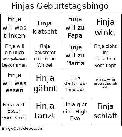 Finjas Geburtstags Bingo Card
