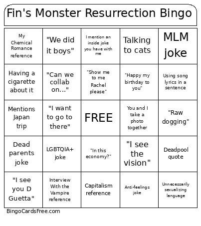 Fin's Monster Resurrection Bingo Card