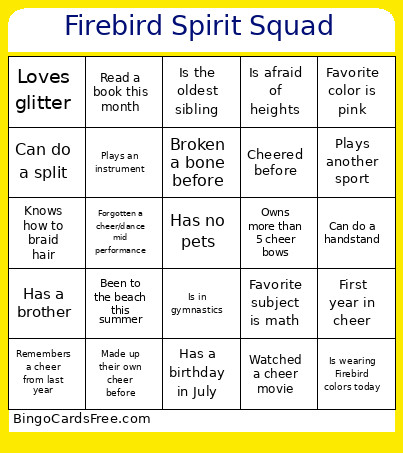 Firebird Spirit Squad Bingo Card