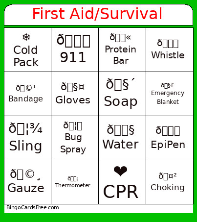 First Aid/Survival Bingo Card