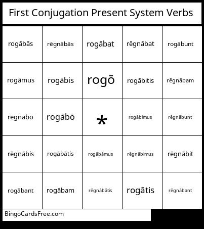 First Conjugation Present System Verbs Bingo Cards Free Pdf Printable Game, Title: First Conjugation Present System Verbs