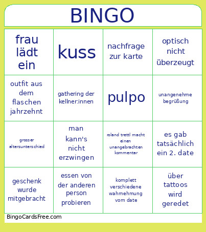 First Dates Bingo Card