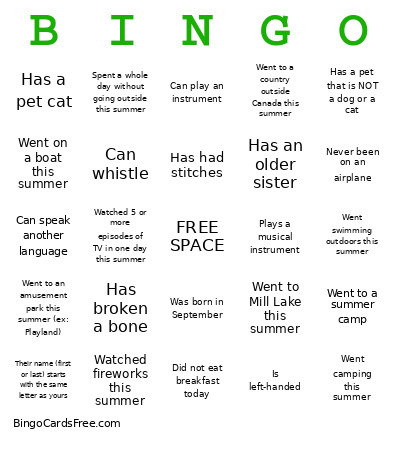 First Day Bingo Card