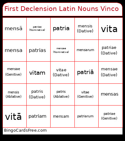 First Declension Latin Nouns Vinco Bingo Card