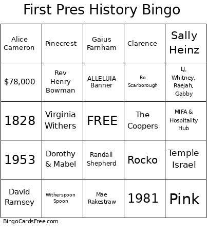 First Pres History Bingo Card