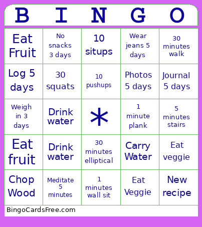 Fitness Bingo Card