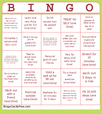 Fitness Bingo Card