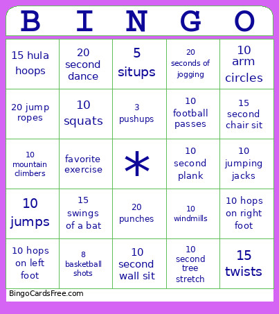 Fitness Bingo Card